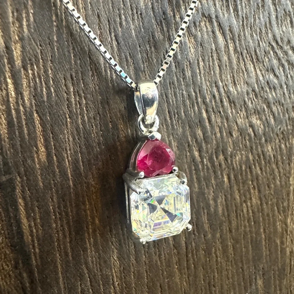 Vintage BBJ Strontium Titanate & Ruby Rhodium Over Sterling Pendant Necklace